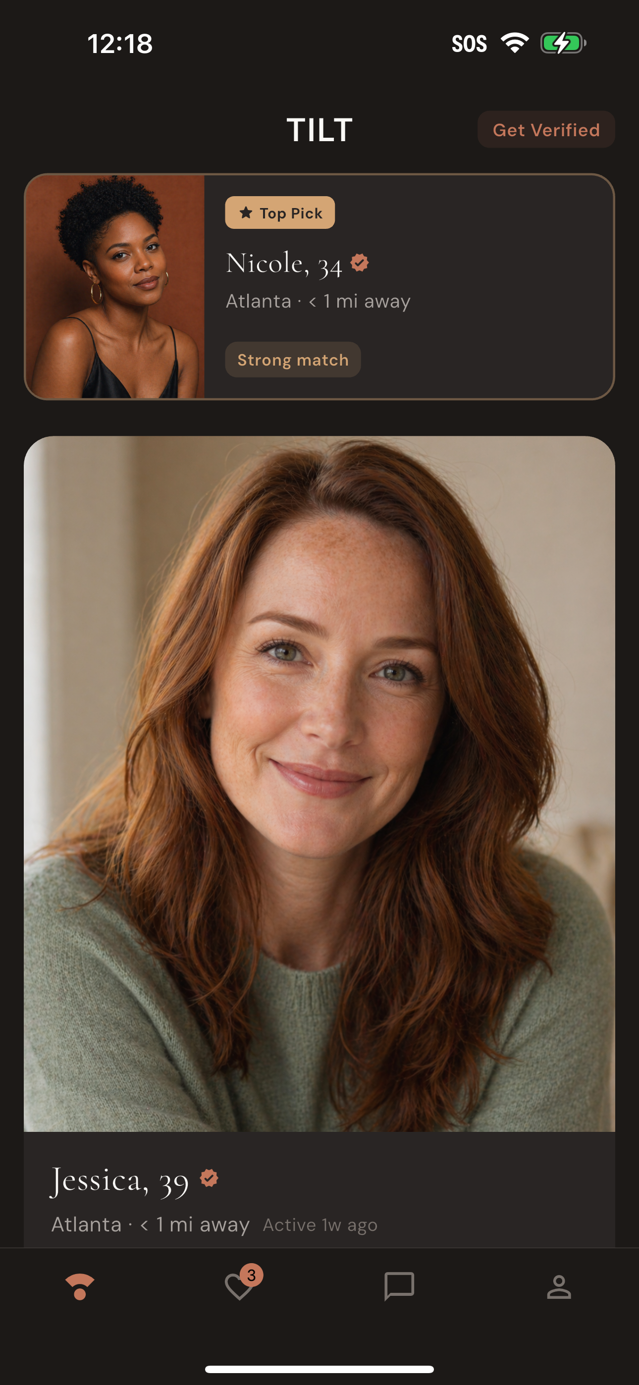Discovery feed showing verified profiles