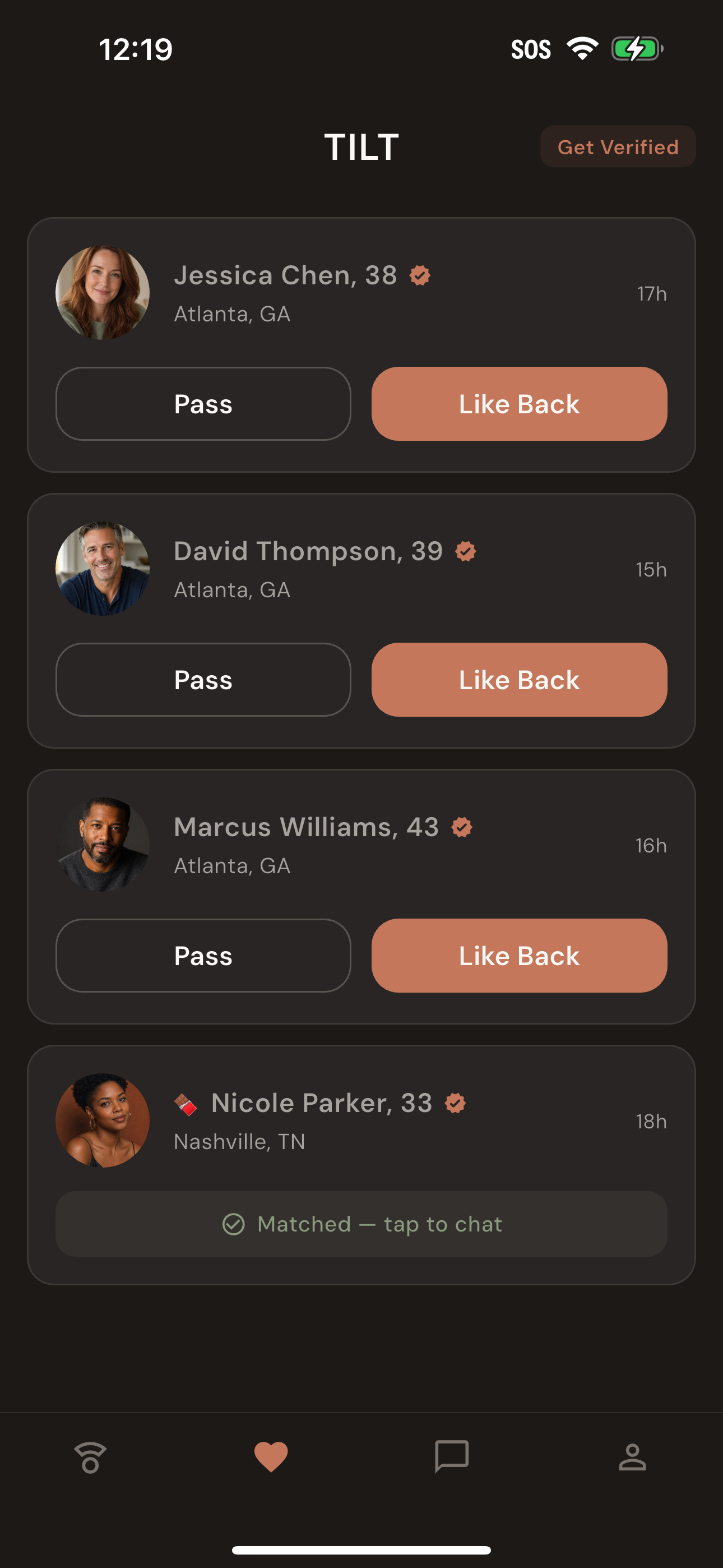 Likes tab showing verified senders