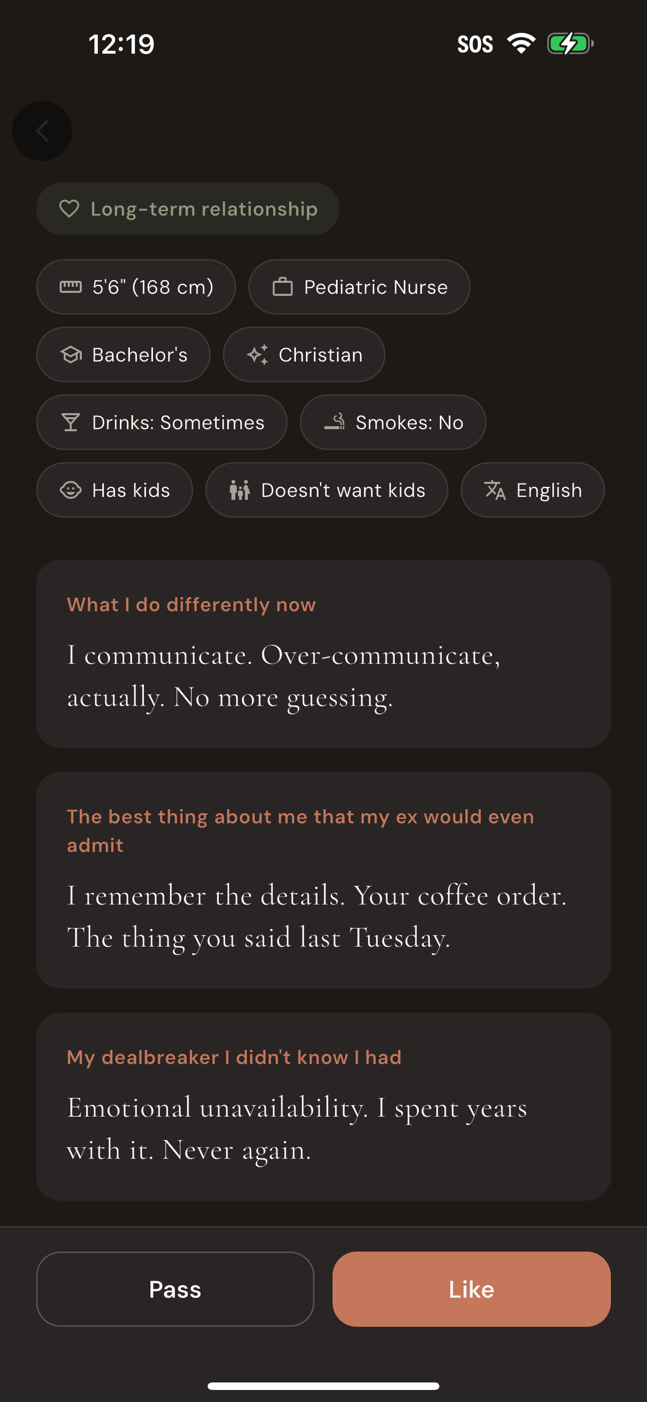 Profile with prompts about marriage